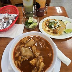 Los Gallitos Mexican Restaurant - Menudo soup and choriqueso taco