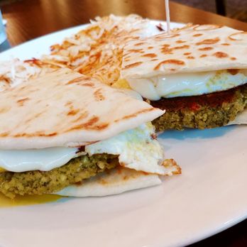 Katie's Kitchen - Weekend special, pita breakfast sandwich. Falafel patties, red pepper humus, fried eggs, provolone and hashbrowns. - Breakfast & Brunch Near Me - Des Plaines, Illinois