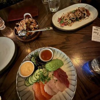 PYRO - Bottom: sashimi rice bowl (made gluten free), top right: big eye seared tuna, top left: Gochujang Brussels Sprouts - Desserts Near Me - Phoenix, Arizona