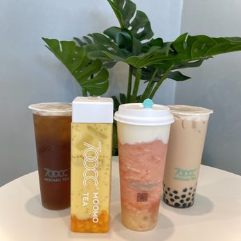 Moomo Tea - [left to right] Roasted Mountain Oolong, Moomo Mango Sago-Mango Pomelo Sago, Peachy Slushy with Cheese Foam, Boba Milk Tea - Bubble Tea Near Me - Sunnyvale, California