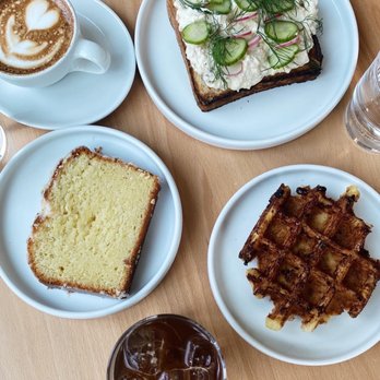 Blue Bottle Coffee - Wolf Point - liege waffle, iced americano, pound cake, & whitefish toast - Coffee & Tea Near Me - Chicago, Illinois Blue Bottle Coffee - Wolf Point - liege waffle, iced americano, pound cake, & whitefish toast - Coffee & Tea Near Me - Chicago, Illinois