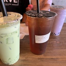 Honeydew milk tea, lychee black tea, blended taro