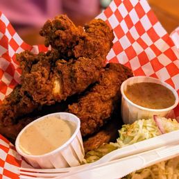 Chicken Tenders with slaw and two sauces. Yum.