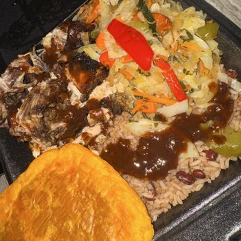 Nadia’s Jamaican Kitchen - Jerk Chicken dinner with extra sauce and beef patty - Caribbean Near Me - Brooklyn Park, Minnesota