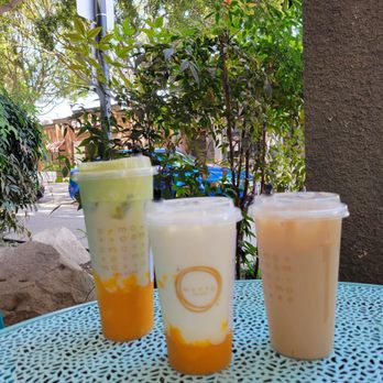 Motto Tea Cafe - From left to right :Mango in Kyoto, Messy Mango Latte, Motto No.5 Milk Tea - Desserts Near Me - Pasadena, California