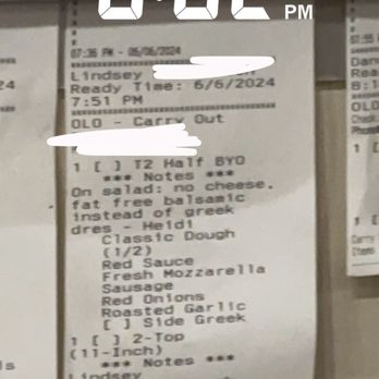 Blaze Pizza - Our receipt hanging on the take out area. The take out girl knew nothing about our order and made no attempt to figure out where it was - Salad Near Me - Melbourne, Florida