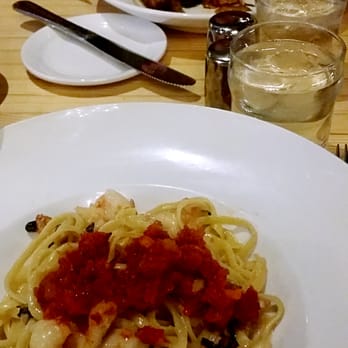 Innovo Kitchen - Shrimp and scallops linguini + porchetta dish towards the back - American Near Me - Latham, New York Innovo Kitchen - Shrimp and scallops linguini + porchetta dish towards the back - American Near Me - Latham, New York