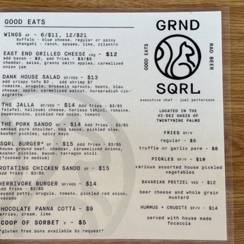 Grnd Sqrl - Menu as of 3/17/23 - Gastropubs Near Me - Twentynine Palms, California