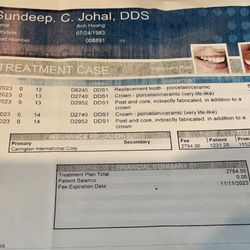 Sundeep C Johal, DDS - Original bill of $2,784.00, and then overcharged me for $3,004.00 !!! BEWARE !!!!