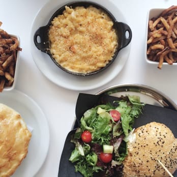 Good Fork - Pull pork sandwich with salad, Mac and Cheese griddle with a side of fries, and crispy pot pie with side of fries - Breakfast & Brunch Near Me - Toronto, Ontario