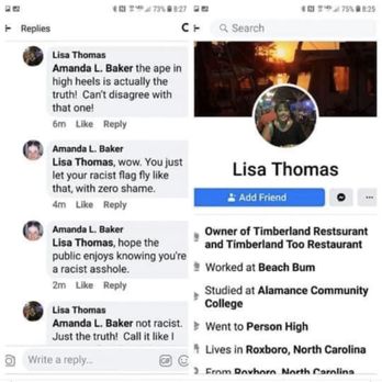 Timberland Restaurant - My post is a snapshot of the racist owner. Shame shame shame - Breakfast & Brunch Near Me - Roxboro, North Carolina Timberland Restaurant - My post is a snapshot of the racist owner. Shame shame shame - Breakfast & Brunch Near Me - Roxboro, North Carolina