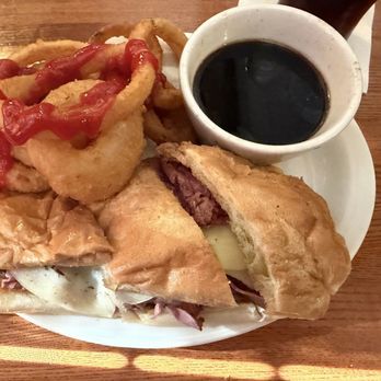 Lost Dog Pub - Doggie dip sandwich, onion rings and au jus - American Near Me - South Dennis, Massachusetts Lost Dog Pub - Doggie dip sandwich, onion rings and au jus - American Near Me - South Dennis, Massachusetts