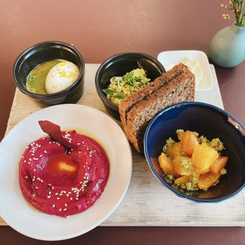 Kantine - Breakfast Board (Beet Hummus, Citrus Salad, Rye Bread, Pickled Herring, Poached Egg + butter spread) - Scandinavian Near Me - San Francisco, California Kantine - Breakfast Board (Beet Hummus, Citrus Salad, Rye Bread, Pickled Herring, Poached Egg + butter spread) - Scandinavian Near Me - San Francisco, California