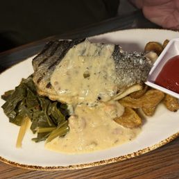 Fresh NC Mountain Trout, Fingerling Potatoes. Collard Greens, and Gravy Fresh NC Mountain Trout, Fingerling Potatoes. Collard Greens, and Gravy