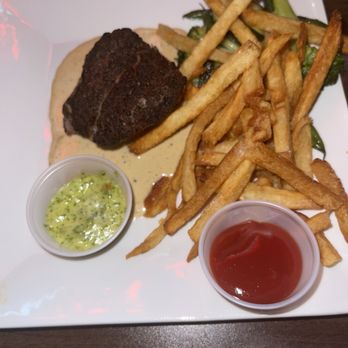 La Frite Belgian Bistro - Steak Au Poivre medium rare tenderloin - Belgian Near Me - San Antonio, Texas La Frite Belgian Bistro - Steak Au Poivre medium rare tenderloin - Belgian Near Me - San Antonio, Texas