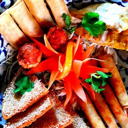 Chang Thai - The Full Platter: Chicken Satay, Prawn Toast, Veggie Spring Rolls, Pork dumplings and Deep Fried King Prawns