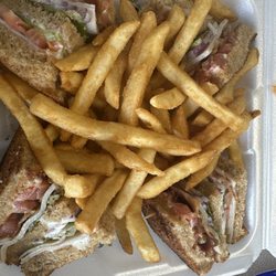 Gino's Pizza & Ranch House - Turkey Club, with onions, extra mayo, and fries.