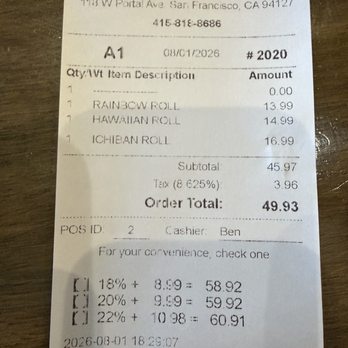 Sushi Sheng - Receipt - Japanese Near Me - San Francisco, California Sushi Sheng - Receipt - Japanese Near Me - San Francisco, California