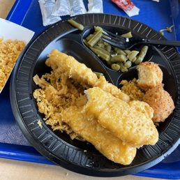 Chicken , green beans and hush puppies Chicken , green beans and hush puppies