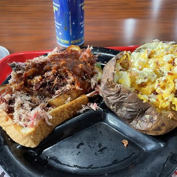 Full Moon BBQ - Opened face barbecue sandwich, and loaded baked potato. - Barbeque Near Me - Birmingham, Alabama