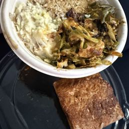 Salmon, brown rice, brussel sprouts, mashed potatoes