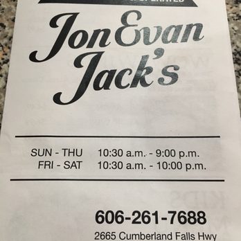 JonEvan Jack's - Front of menu with address, phone number and hours. - Burgers Near Me - Corbin, Kentucky