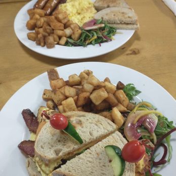 Golden Eggs All Day Breakfast - All day breakfast (back), golden egg sandwich- egg, bacon, cheese, avocado, tomato - Breakfast & Brunch Near Me - Toronto, Ontario