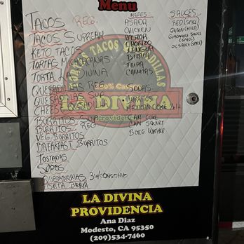 La Divina Providencia - a menu on a food truck - Mexican Near Me - Modesto, California La Divina Providencia - a menu on a food truck - Mexican Near Me - Modesto, California