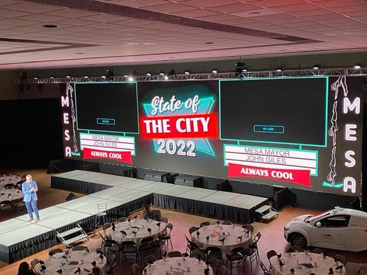 Mesa State Of The City & Mesa Has Heart Ball - This rental was for the Mesa Chamber of Commerce State of The City and Mesa Has Heart yearly event. We have partnered with the City of Mesa for the last 3 years to provide their LED video wall and production. Mesa State Of The City & Mesa Has Heart Ball - This rental was for the Mesa Chamber of Commerce State of The City and Mesa Has Heart yearly event. We have partnered with the City of Mesa for the last 3 years to provide their LED video wall and production.