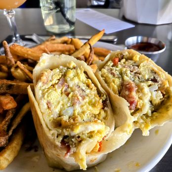 Turn Restaurant - Inside Breakfast Burrito, add Bacon, no Beans and Fresh Cut Fries - Breakfast & Brunch Near Me - St. Louis, Missouri