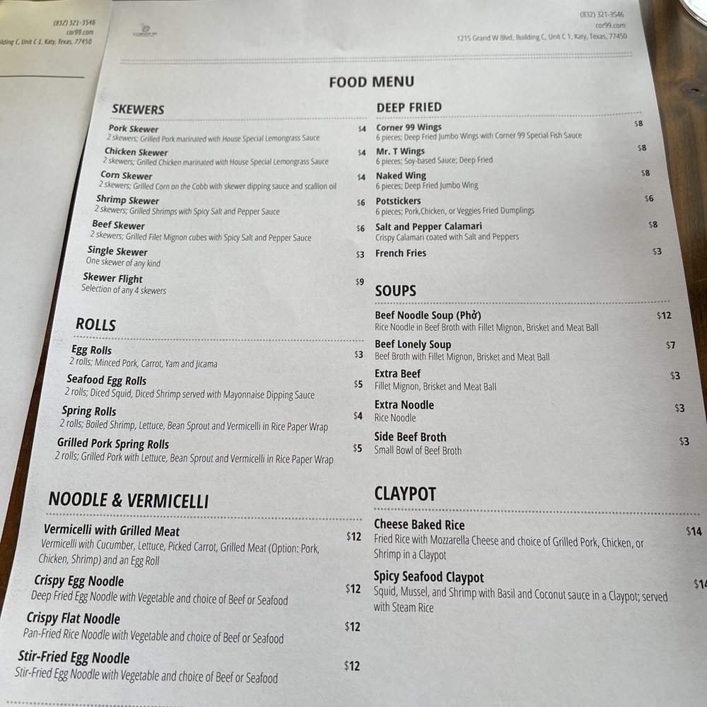 Corner 99 - Food Menu - Vietnamese Near Me - Katy, Texas