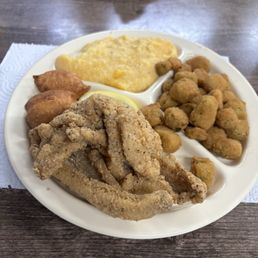Catfish fillets cheese grits and fried okra Catfish fillets cheese grits and fried okra