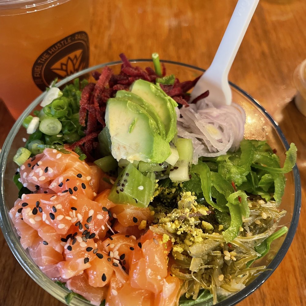 Raleigh Raw Juice Bar & Cafe - Hustle Poke bowl with salmon. - Juice Bars & Smoothies Near Me - Raleigh, North Carolina