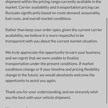 AmeriFreight Car Shipping - Clear email showing they cannot meet their "max number" then giving up - Vehicle Shipping Near Me - Tyrone, Georgia AmeriFreight Car Shipping - Clear email showing they cannot meet their "max number" then giving up - Vehicle Shipping Near Me - Tyrone, Georgia