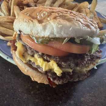 Five Guys - Double Cheeseburger with bacon, lettuce, tomato, pickles, lettuce, ketchup, mustard and mayo - Burgers Near Me - St. Charles, Missouri