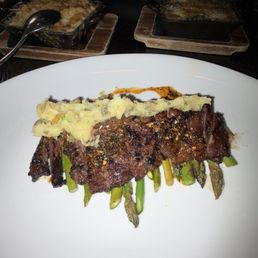 From the brunch menu: Mash potatoes, steak, and asparagus. From the brunch menu: Mash potatoes, steak, and asparagus.