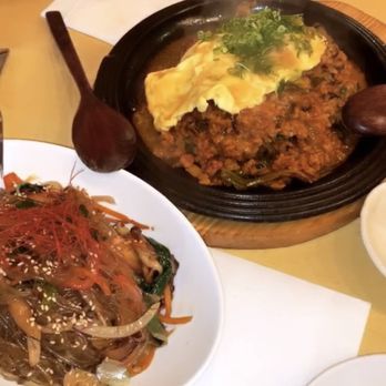 Danji - Mushroom Japchae Noodles and Kimchi Fried Rice Gratin under Eggs - Korean Near Me - New York, New York Danji - Mushroom Japchae Noodles and Kimchi Fried Rice Gratin under Eggs - Korean Near Me - New York, New York