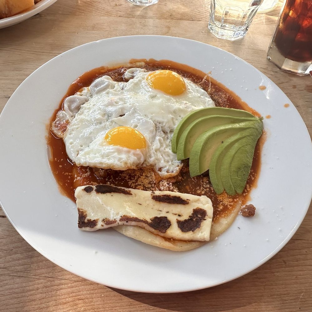 Huevos rancheros and iced coffee Huevos rancheros and iced coffee