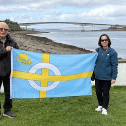 Isle of Skye - Portrait with the Skye Bridge and the flag of the Isle of Skye.
