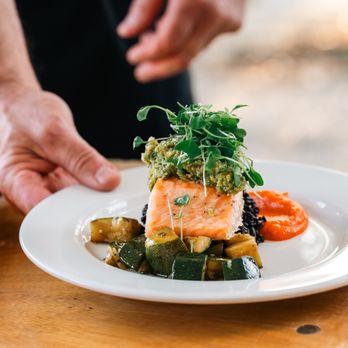 Trumpet Vine Catering - Cedar Plank Skuna Bay Salmon, Pistachio Dill Pistou, Forbidden Rice, Carrot Puree, Thyme Roasted Zucchini - Caterers Near Me - Paso Robles, California Trumpet Vine Catering - Cedar Plank Skuna Bay Salmon, Pistachio Dill Pistou, Forbidden Rice, Carrot Puree, Thyme Roasted Zucchini - Caterers Near Me - Paso Robles, California