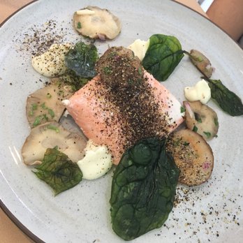 The Restorative - Salmon with cracked pepper, spinach, and mushrooms - New American Near Me - Dunedin, Florida The Restorative - Salmon with cracked pepper, spinach, and mushrooms - New American Near Me - Dunedin, Florida