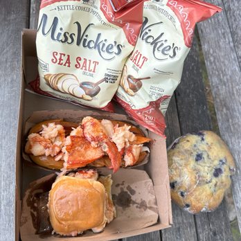 Frenchman Bay Lobster Rolls - An amazing 2oz and 4oz Lobster Hot Roll (buttered) that comes with chips. Plus, a Blueberry Whoopie Pie!  Wow! - Seafood Near Me - Bar Harbor, Maine