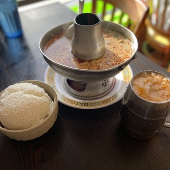 Ruen Pair - Tom kha kai chicken spicy with coconut milk. Side of steamed rice and Thai Ice Tea - Thai Near Me - Los Angeles, California