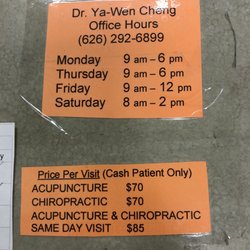 Ya-Wen Cheng, DC - Office Hours and Price List