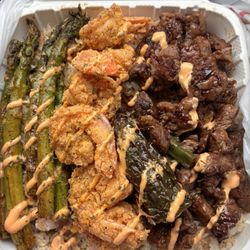 Bustdown Burgers And BBQ - Hibachi bowl with fried shrimp and asparagus. It's not on the menu. You have to request it.