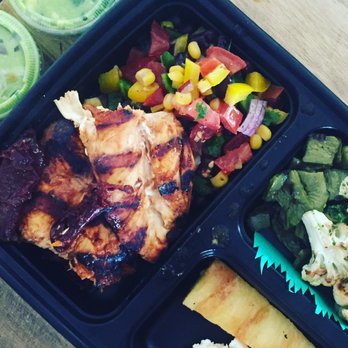 Guacbox AZ - A standard chicken guacbox with yucca mash, nopales, chimichurri cauliflower, grilled pineapple and guacbox caviar. - Food Delivery Services Near Me