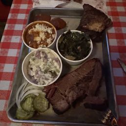 Brisket & Chicken Thighs with Beans, Tater Salad and Collards!