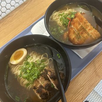 CHIBI Ramen - Left: chicken broth, marinated chicken thigh, boiled egg, scallions Right: Japanese Curry Ramen, Pork Cutlet, Curry Broth, Scallion - Ramen Near Me - Orlando, Florida