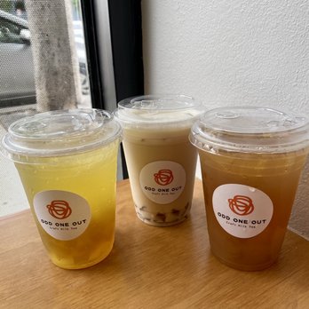 Odd One Out - Yuzu osmanthus with silk boba (left), champion milk tea with wintermelon silk boba (middle), and juniper bliss (right) - Coffee & Tea Near Me - Los Angeles, California Odd One Out - Yuzu osmanthus with silk boba (left), champion milk tea with wintermelon silk boba (middle), and juniper bliss (right) - Coffee & Tea Near Me - Los Angeles, California