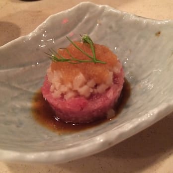 Okonomi - Toro tartar, puréed apples, ponzu sauce, and a gelee of tuna broth, bones, and head. Basically a tuna foie gras. - Japanese Near Me - Brooklyn, New York Okonomi - Toro tartar, puréed apples, ponzu sauce, and a gelee of tuna broth, bones, and head. Basically a tuna foie gras. - Japanese Near Me - Brooklyn, New York